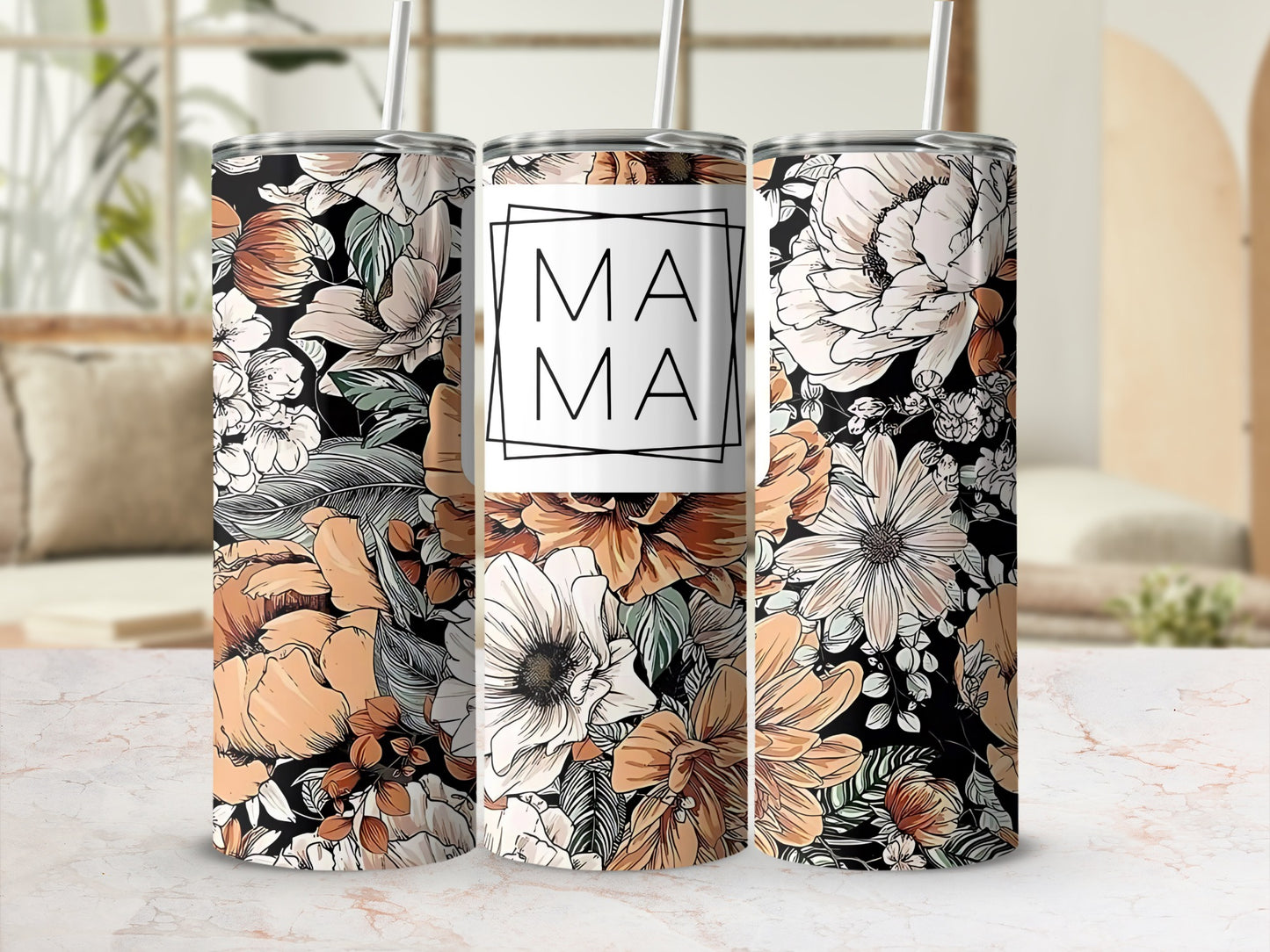 Floral Black and White Mama Design Tumbler