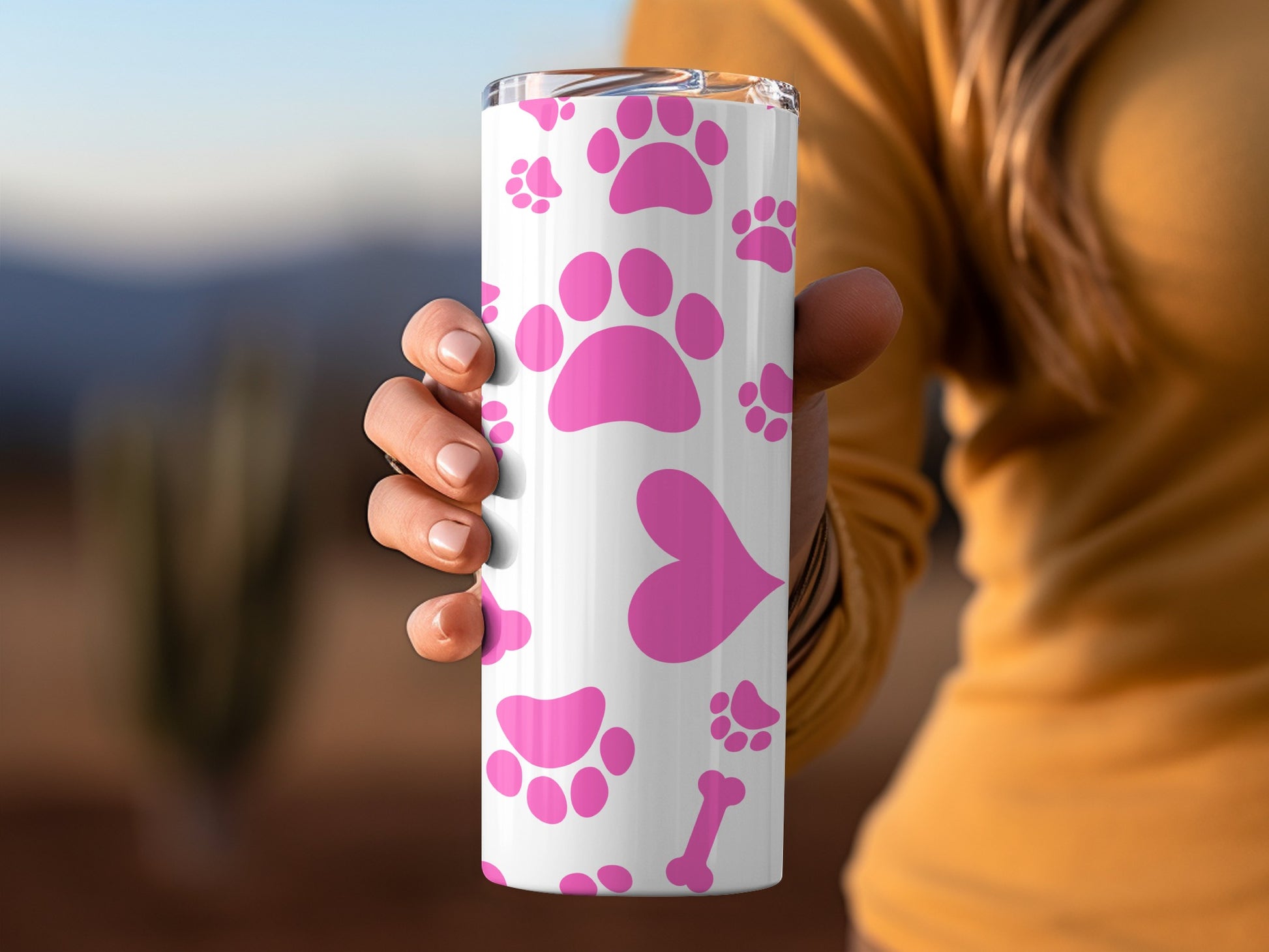 Cute Pink Paw and Heart Pattern Tumbler Cup
