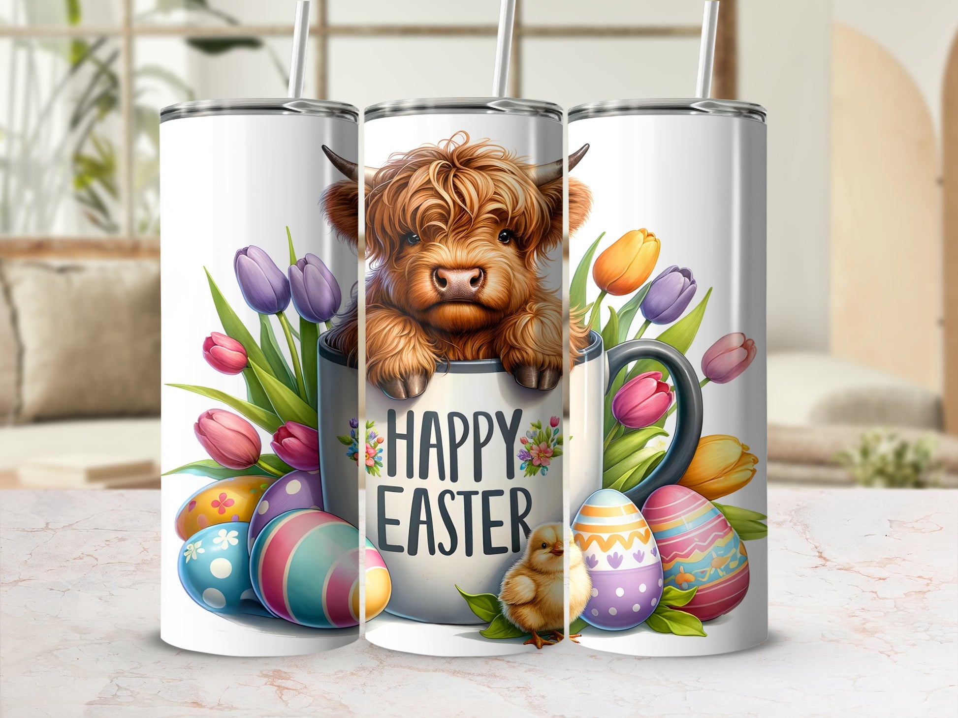 Tumbler with Highland cow, Easter eggs, tulips, and chick.