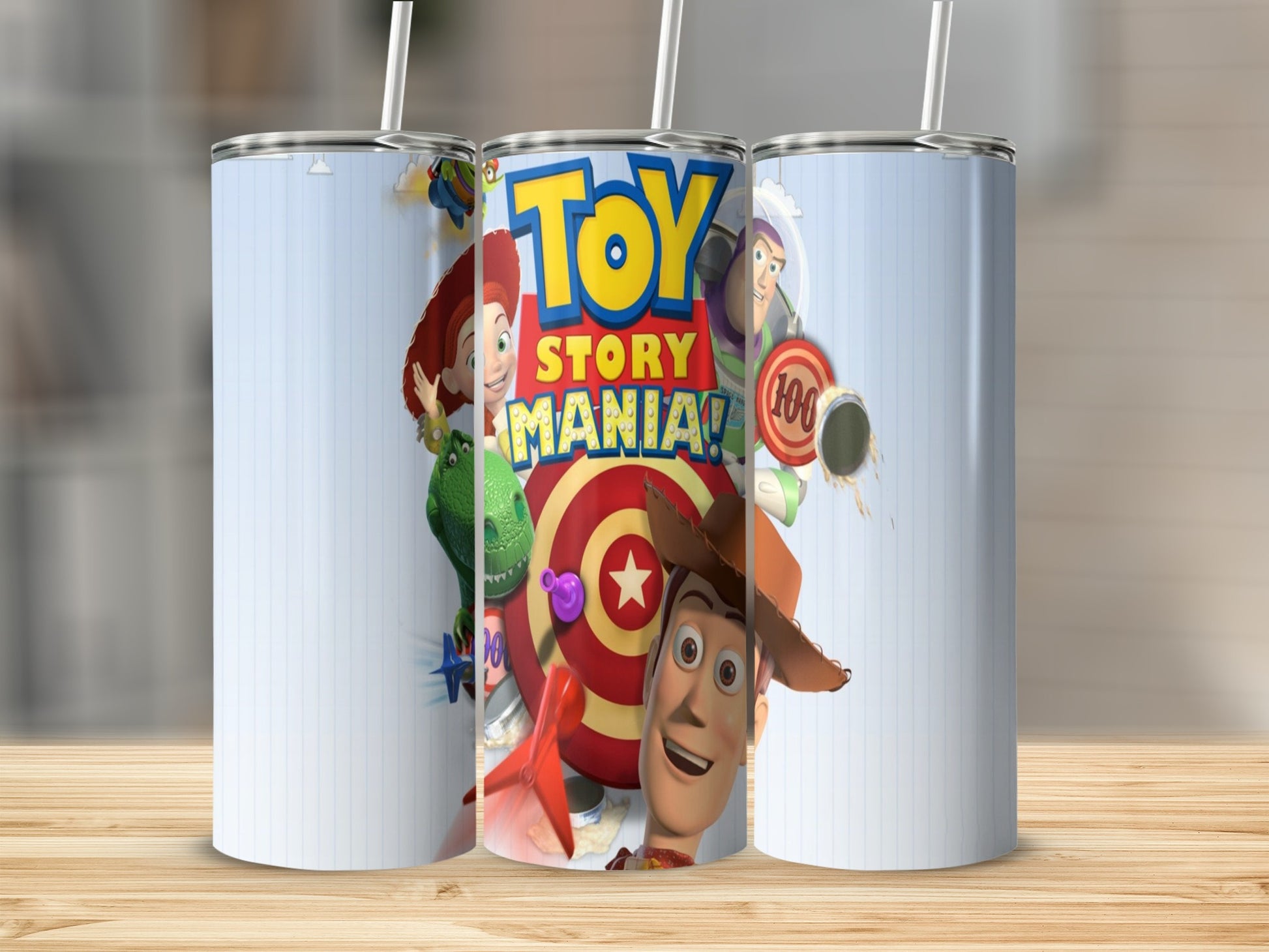 Toy Story Mania tumbler with Woody and Jessie characters.