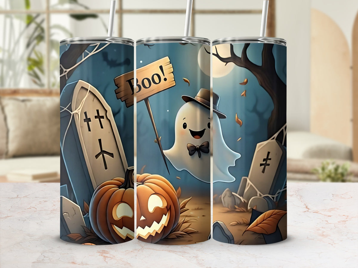 Three tumblers with a Halloween scene featuring a ghost, pumpkin, and tombstones.