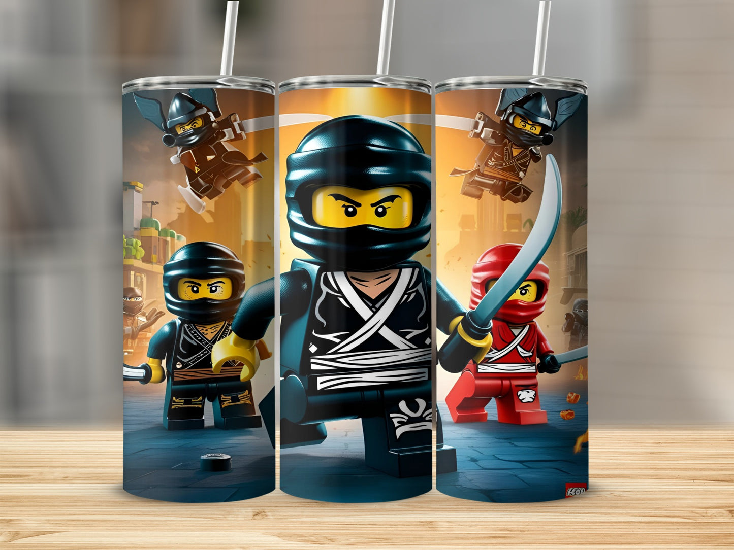Three LEGO Ninjago tumblers featuring Kai and other ninjas on a city background.