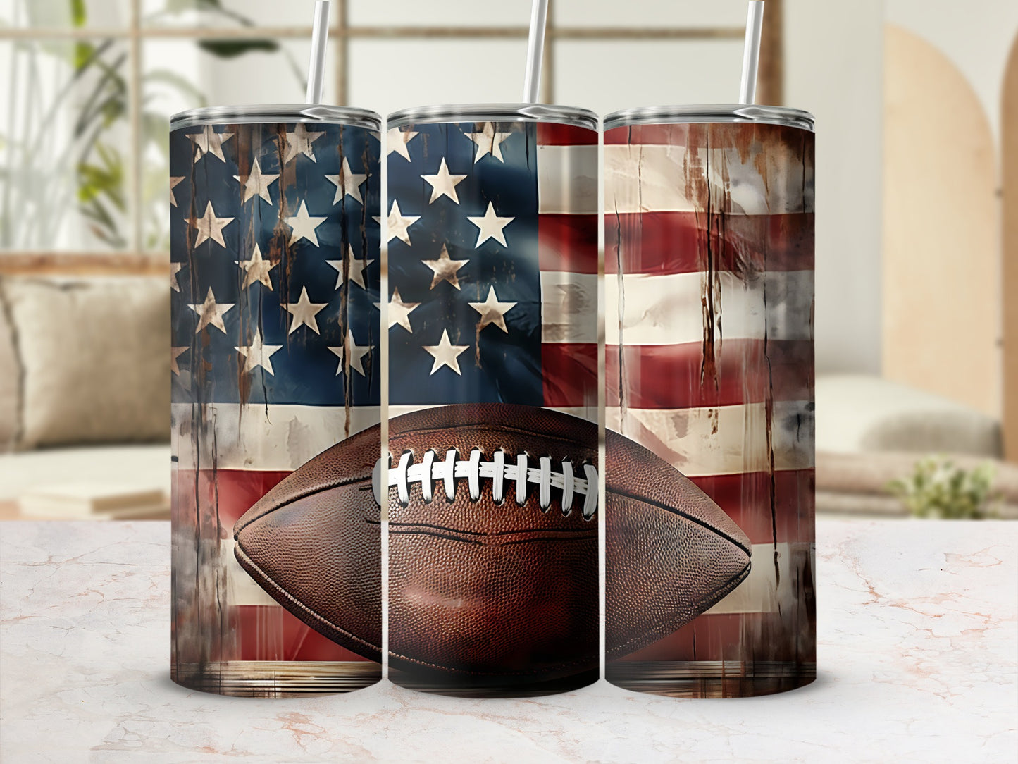 American flag tumbler with football design, three tumblers side by side.