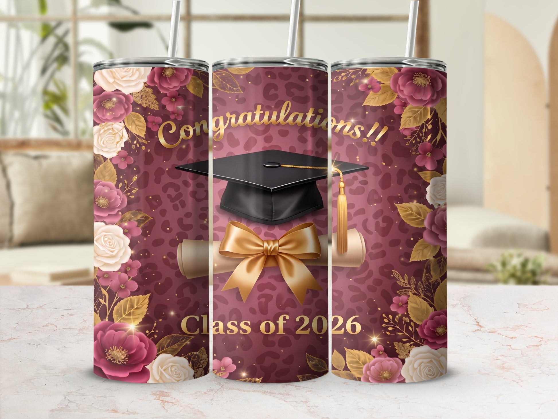Graduation tumbler with "Congratulations!!" and "Class of 2026" text.