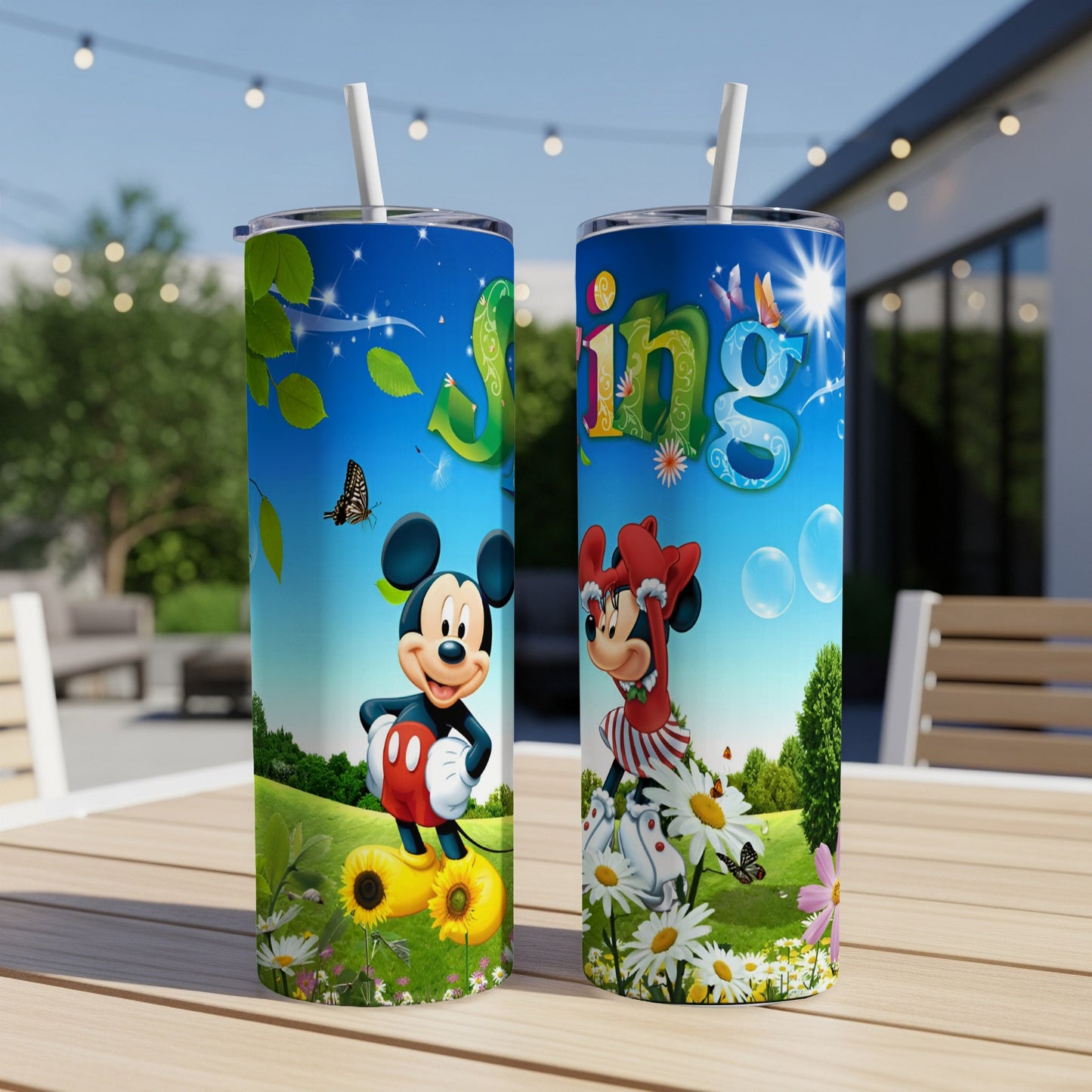 Mickey and Minnie Mouse on spring-themed tumblers with sunflowers and butterflies.