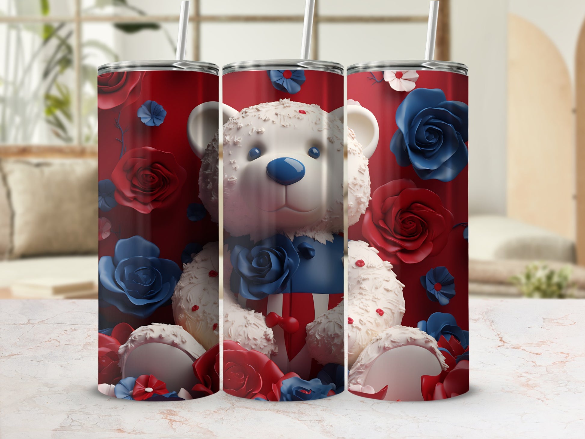 Teddy bear with red and blue roses on a tumbler.