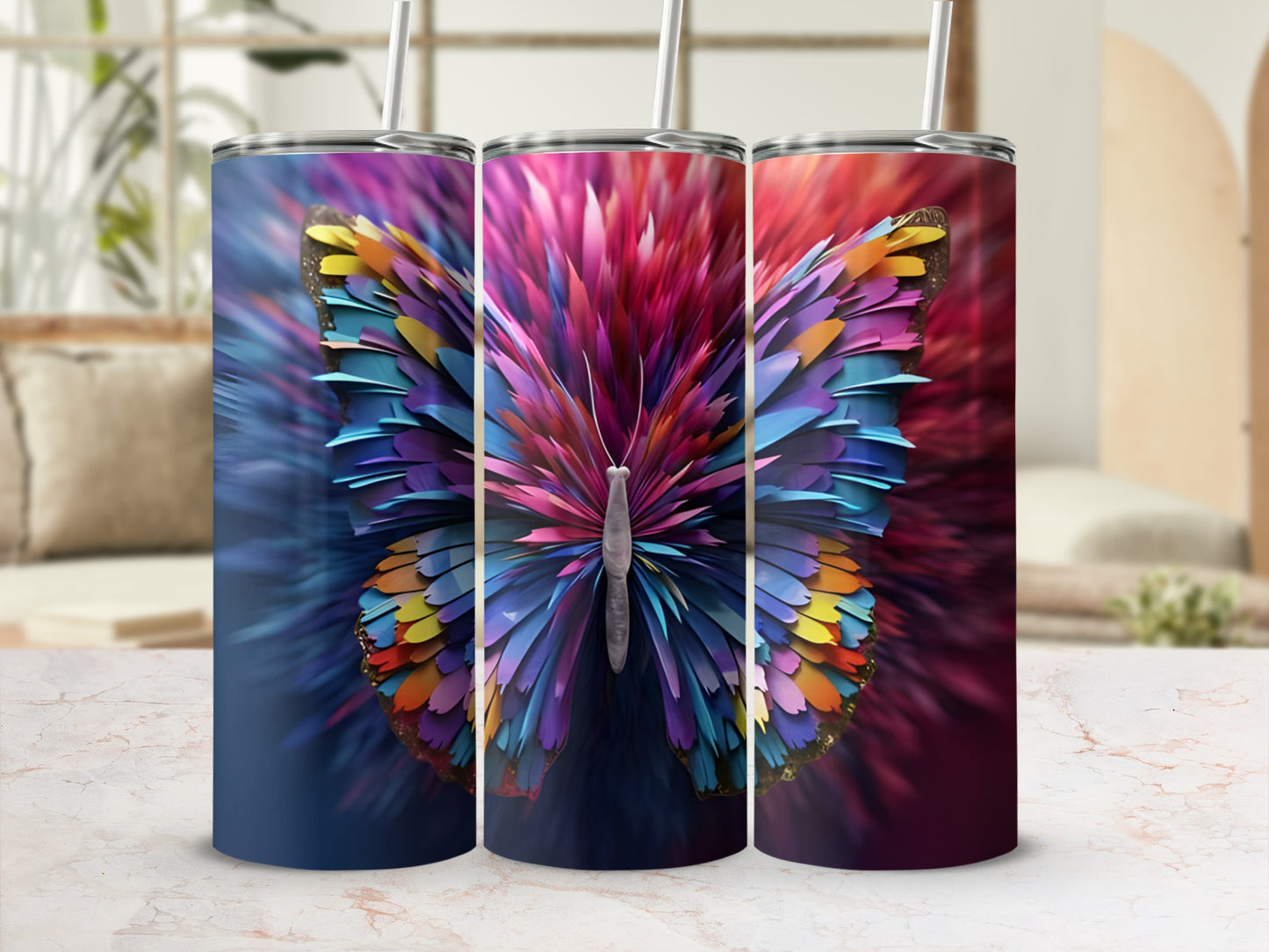 Three colorful butterfly tumblers arranged side-by-side.