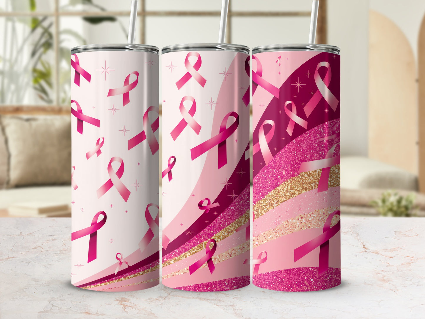 Pink breast cancer ribbons and glitter adorn three tumblers.