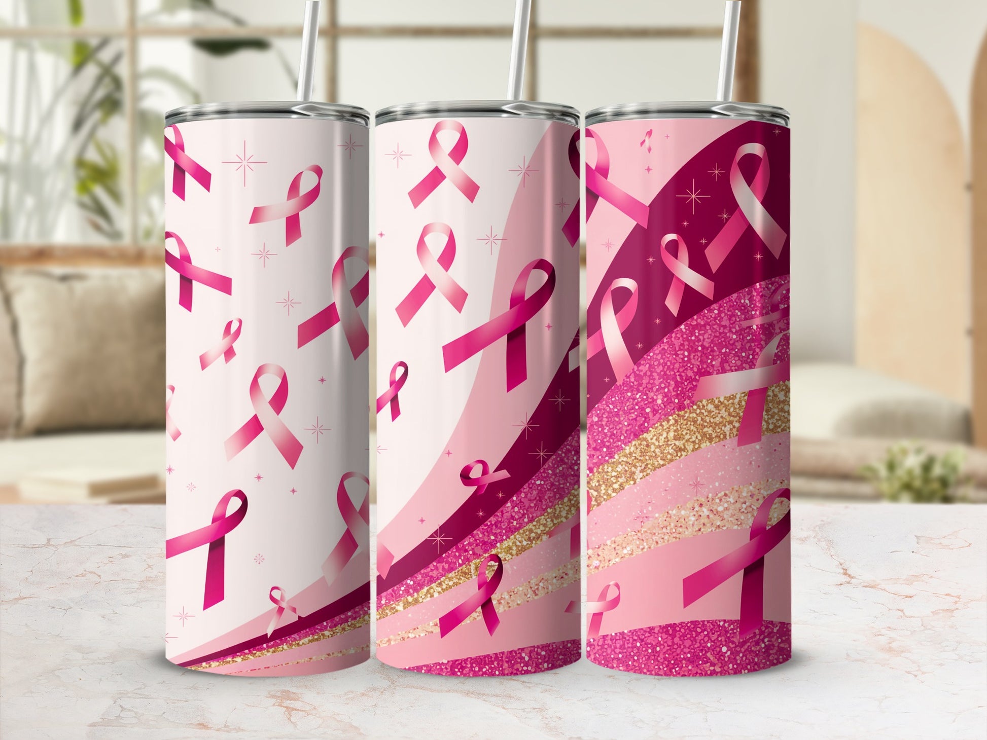 Pink breast cancer ribbons and glitter adorn three tumblers.