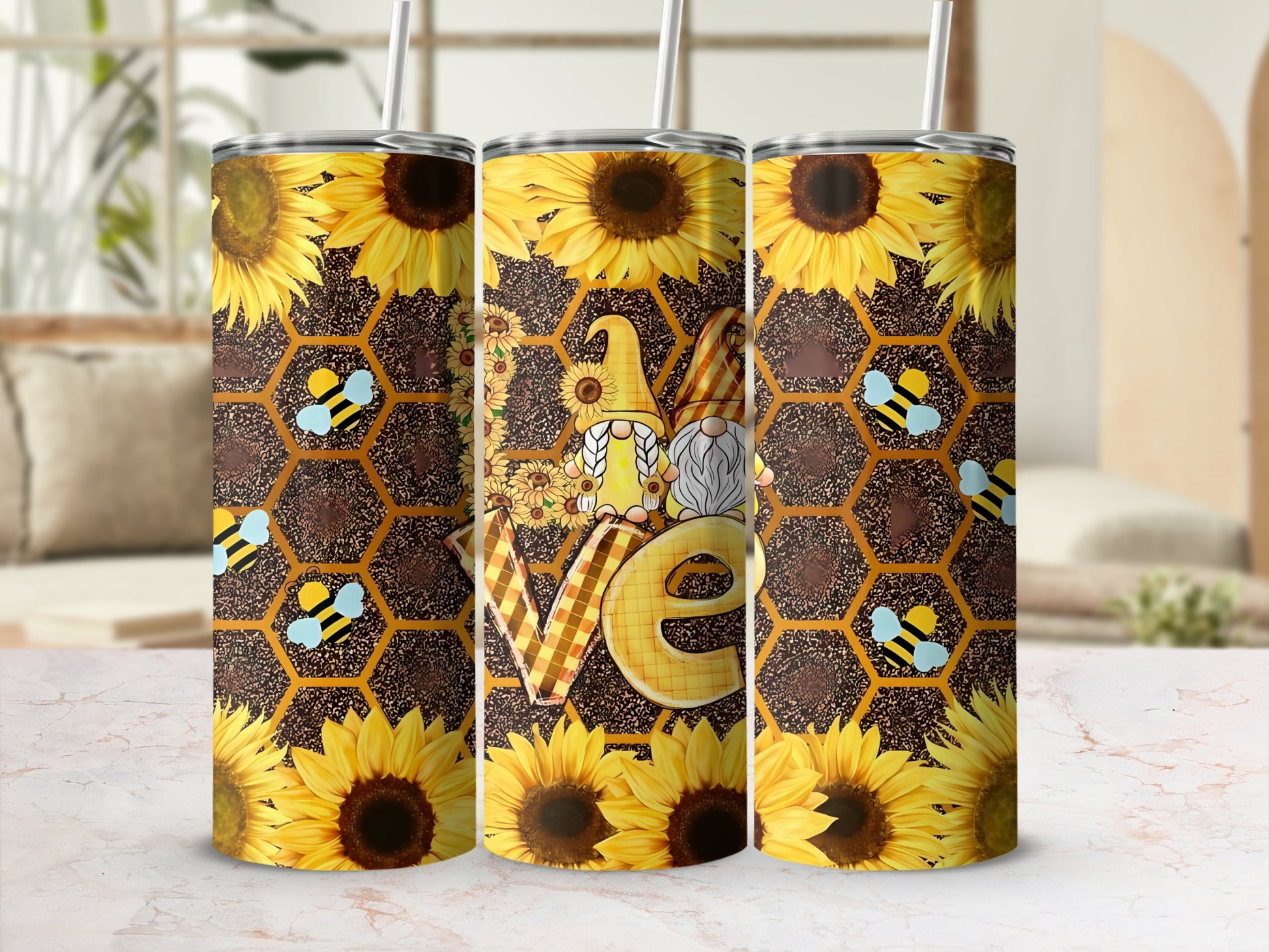 Sunflower and Honeycomb Pattern Insulated Tumbler