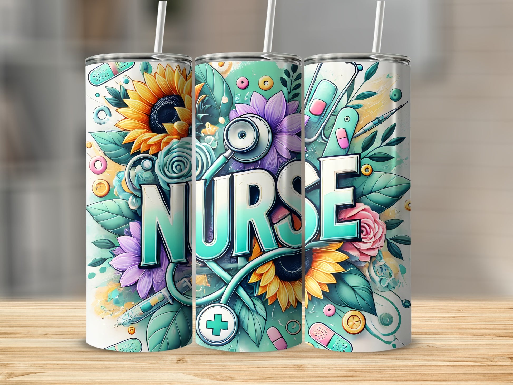 Nurse tumbler with sunflowers, stethoscope, and medical icons.
