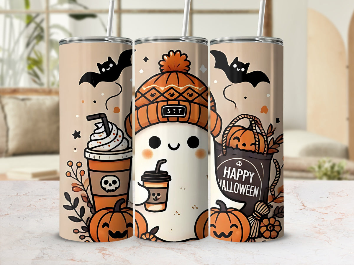 Halloween tumblers featuring a ghost, coffee cup, pumpkins, bats, and "Happy Halloween".