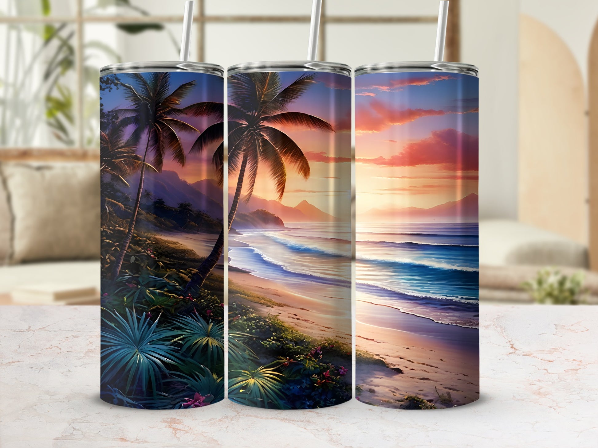Sunset beach scene with palm trees on three tumblers.