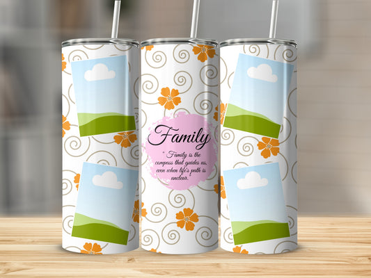 Tumbler with family quote, floral pattern, and placeholder photo frames.