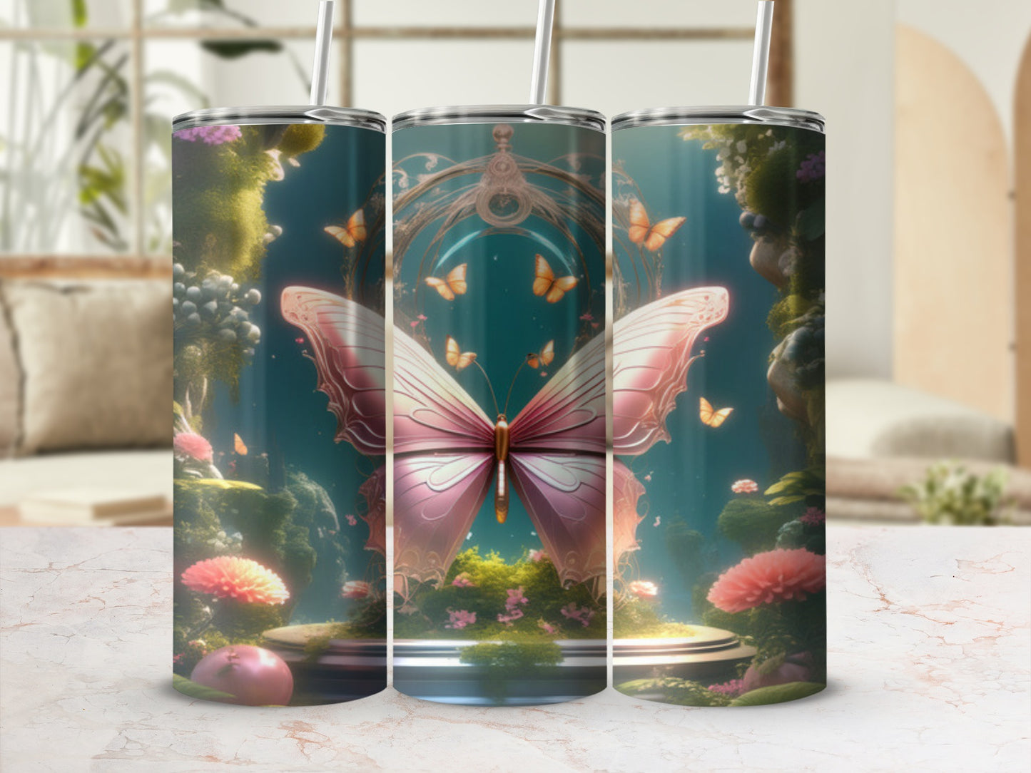 Pink butterfly on a pedestal in a magical garden setting.