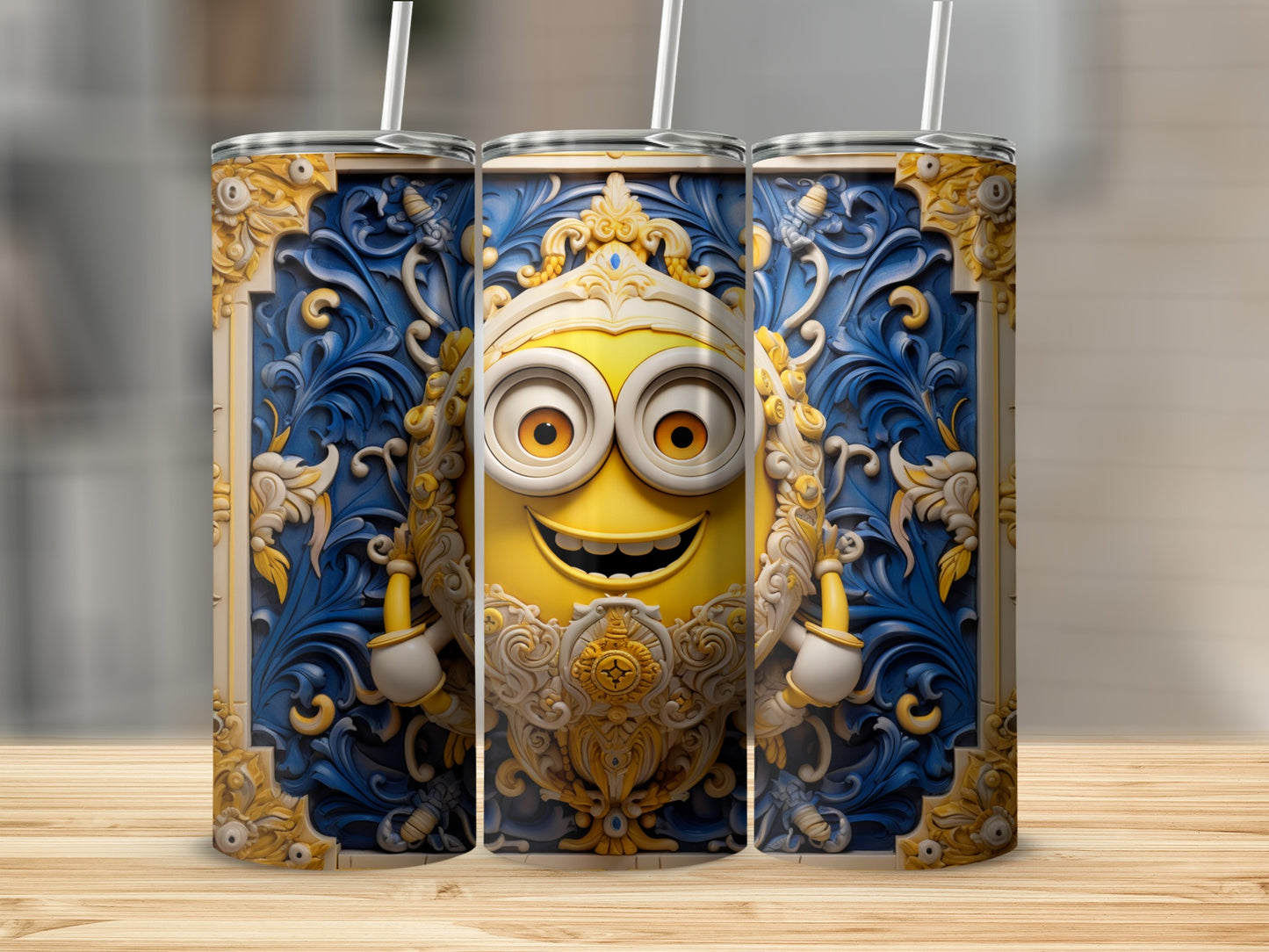Ornate Blue and Gold Decorative Cartoon Character Tumbler