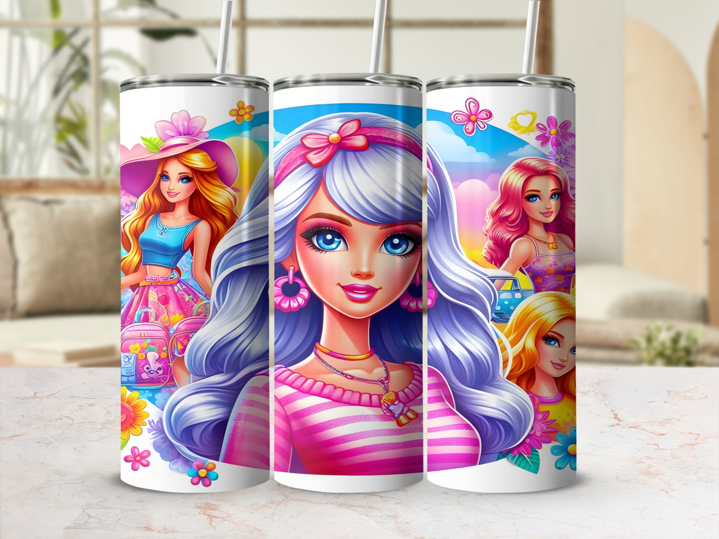 Three Barbie tumblers with pink, blue, and purple designs.