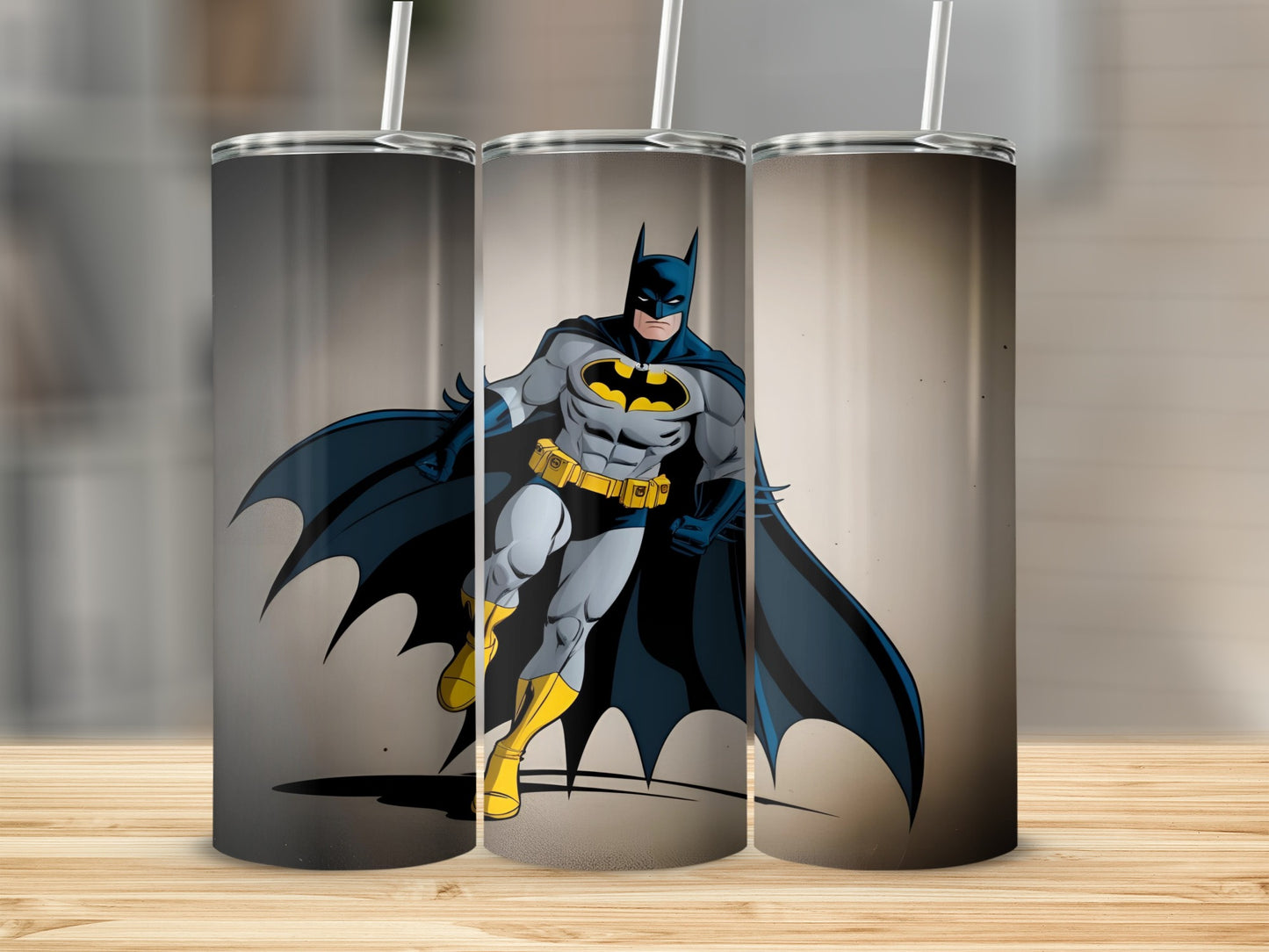 Three tumblers featuring a stylized illustration of Batman in his classic costume.