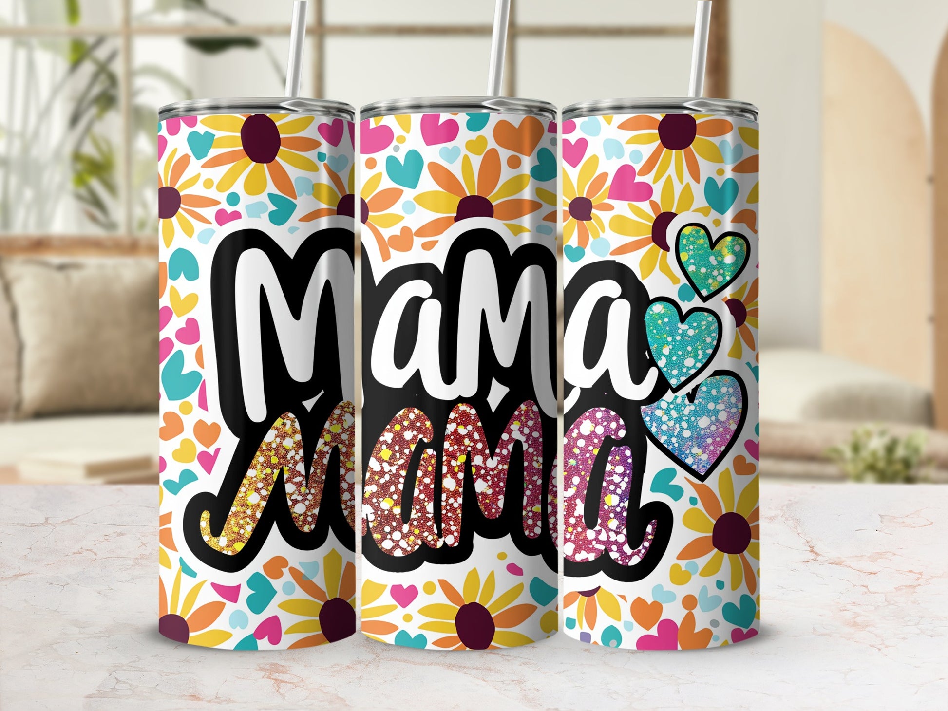 Colorful Mama Floral and Heart Design Tumbler