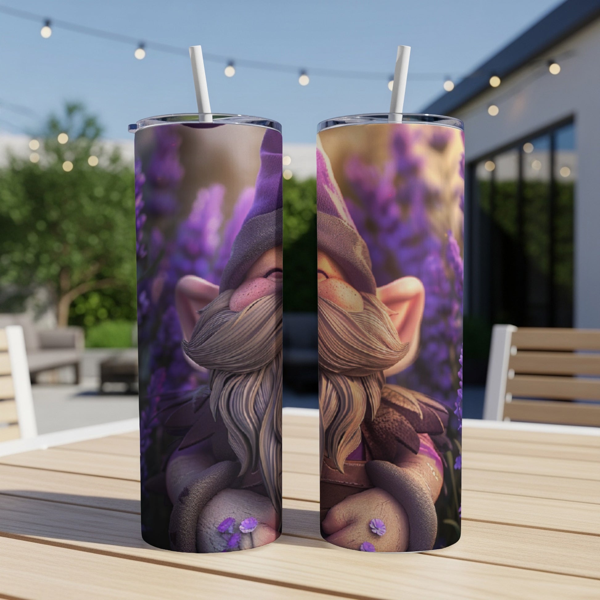 Two tumblers featuring a gnome character with purple accents and a floral background.