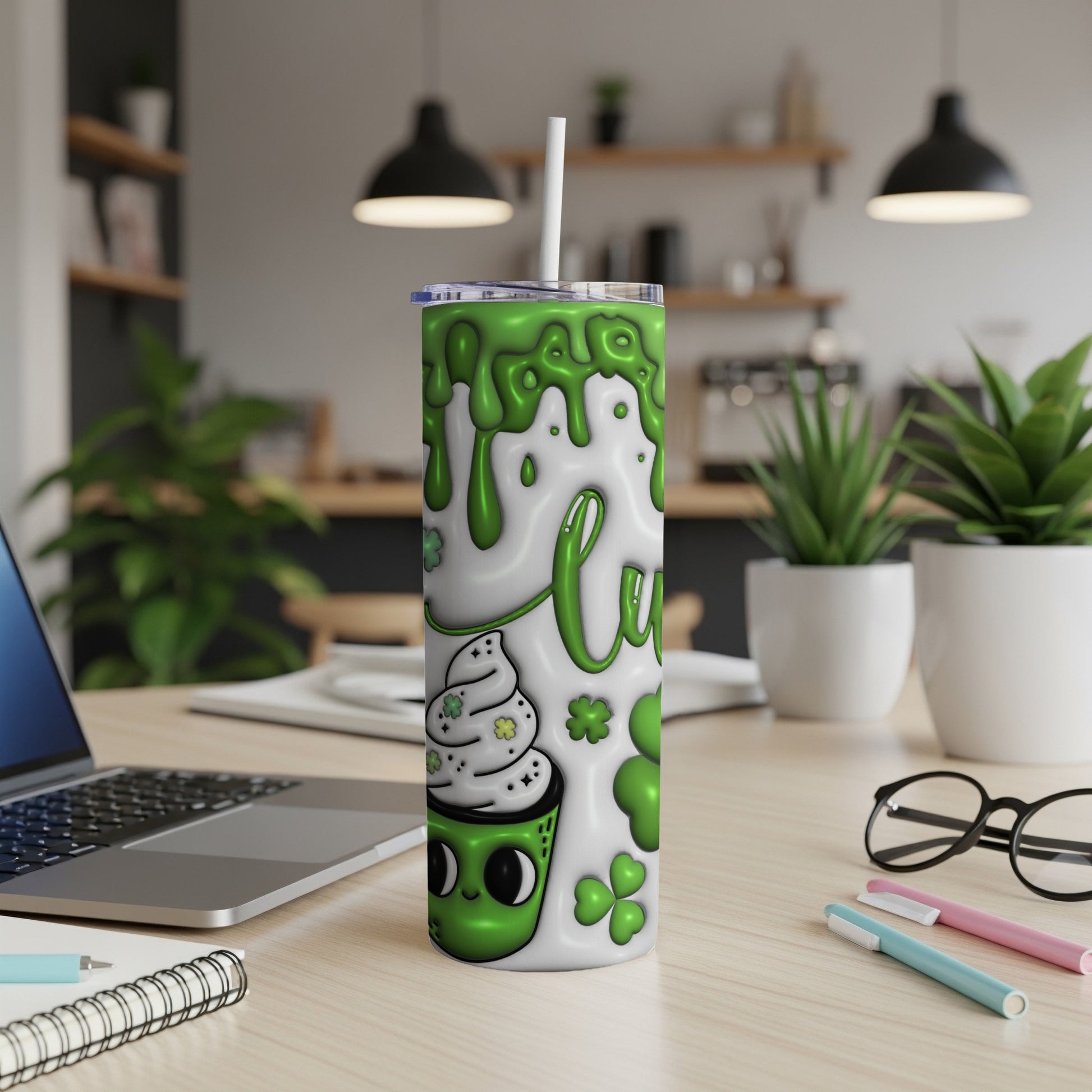 Green dripping shamrock tumbler with cartoon character and "Lucky" text.