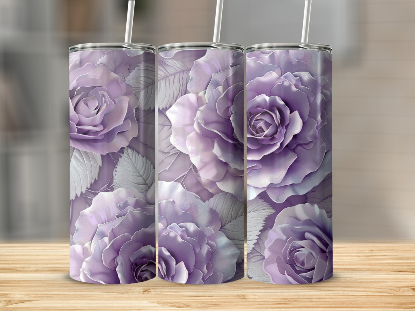 Three tall tumblers with a repeating pattern of light purple roses and leaves.