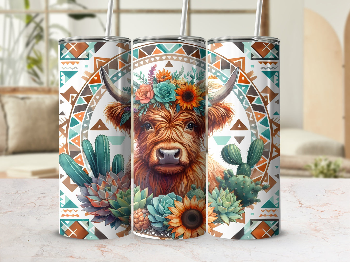 Highland cow with floral crown and desert succulents on patterned tumblers.