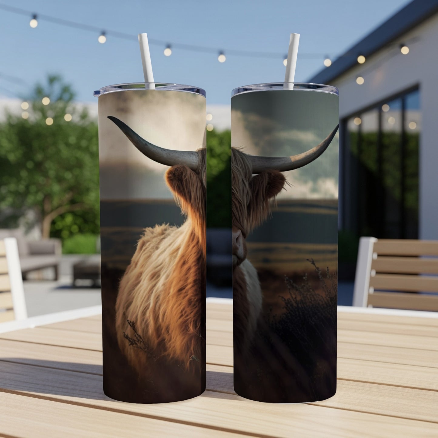 Two tumblers featuring a Highland cow on a wooden table outdoors.