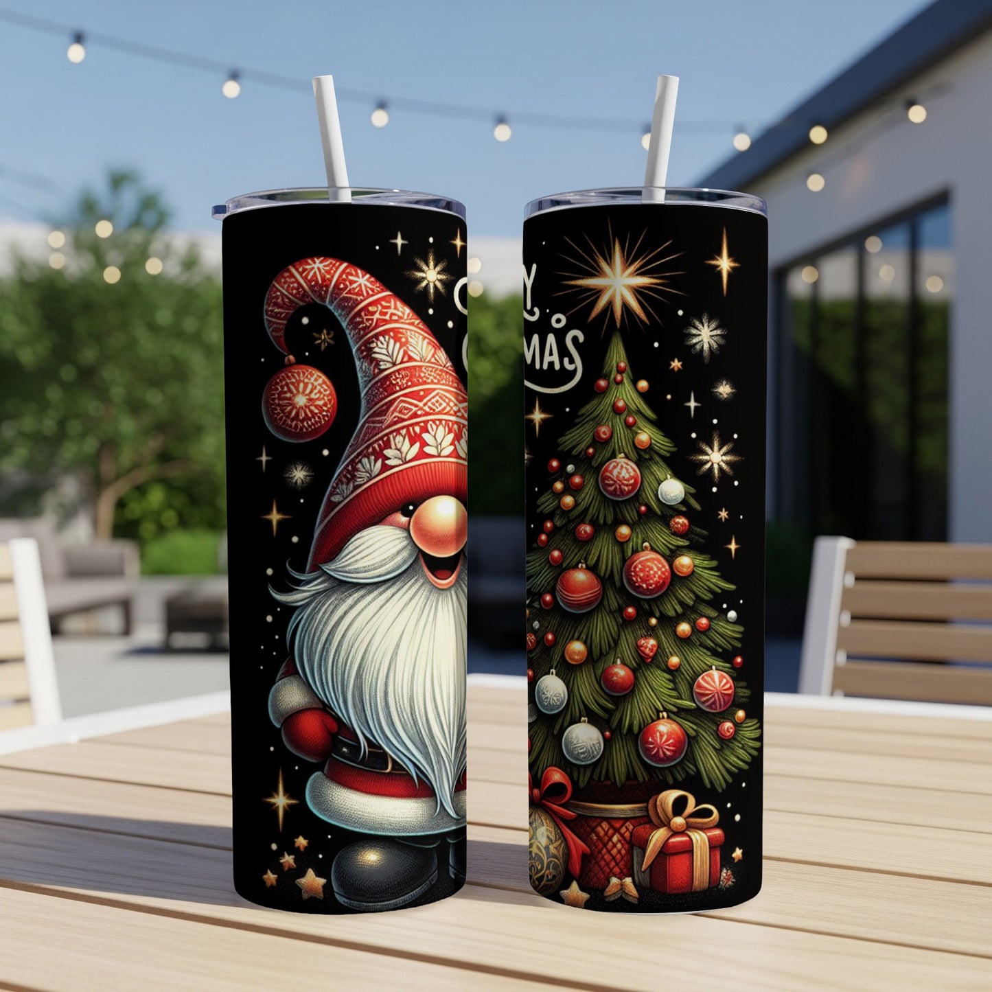 Christmas gnome and decorated tree on two tumblers on an outdoor table.