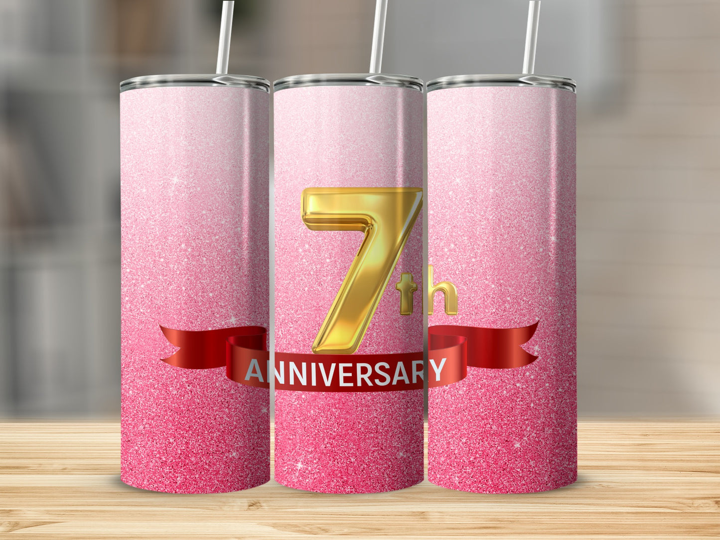 Pink glitter tumbler with "7th ANNIVERSARY" on a red ribbon.