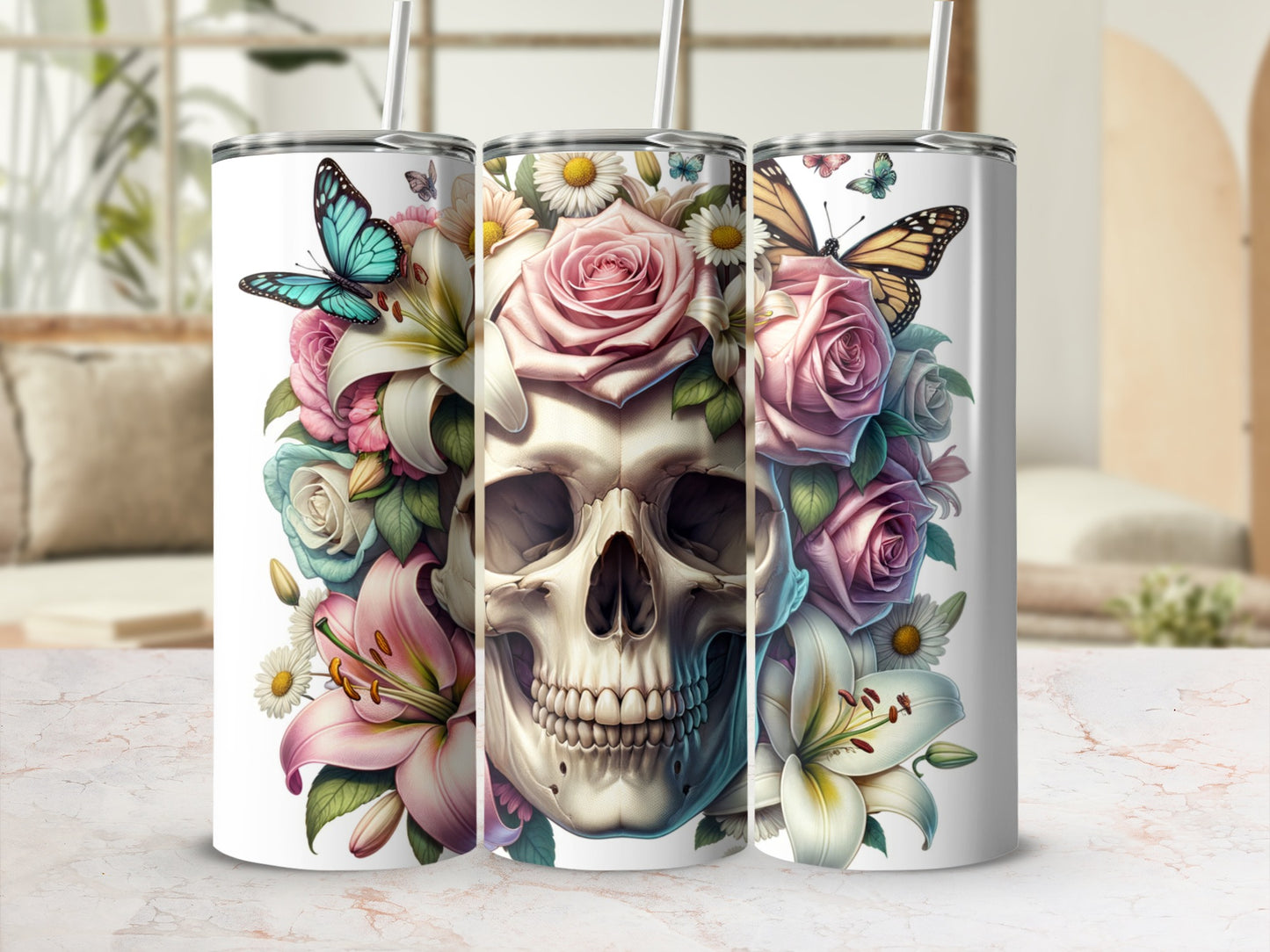 Skull adorned with pink roses, lilies, daisies, and butterflies.