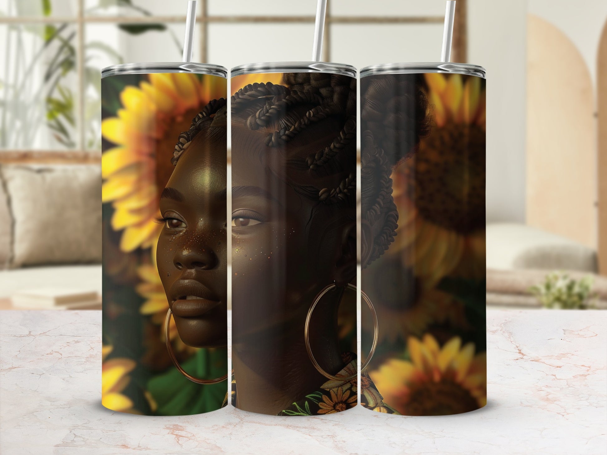 Three tumblers with a woman and sunflowers design.