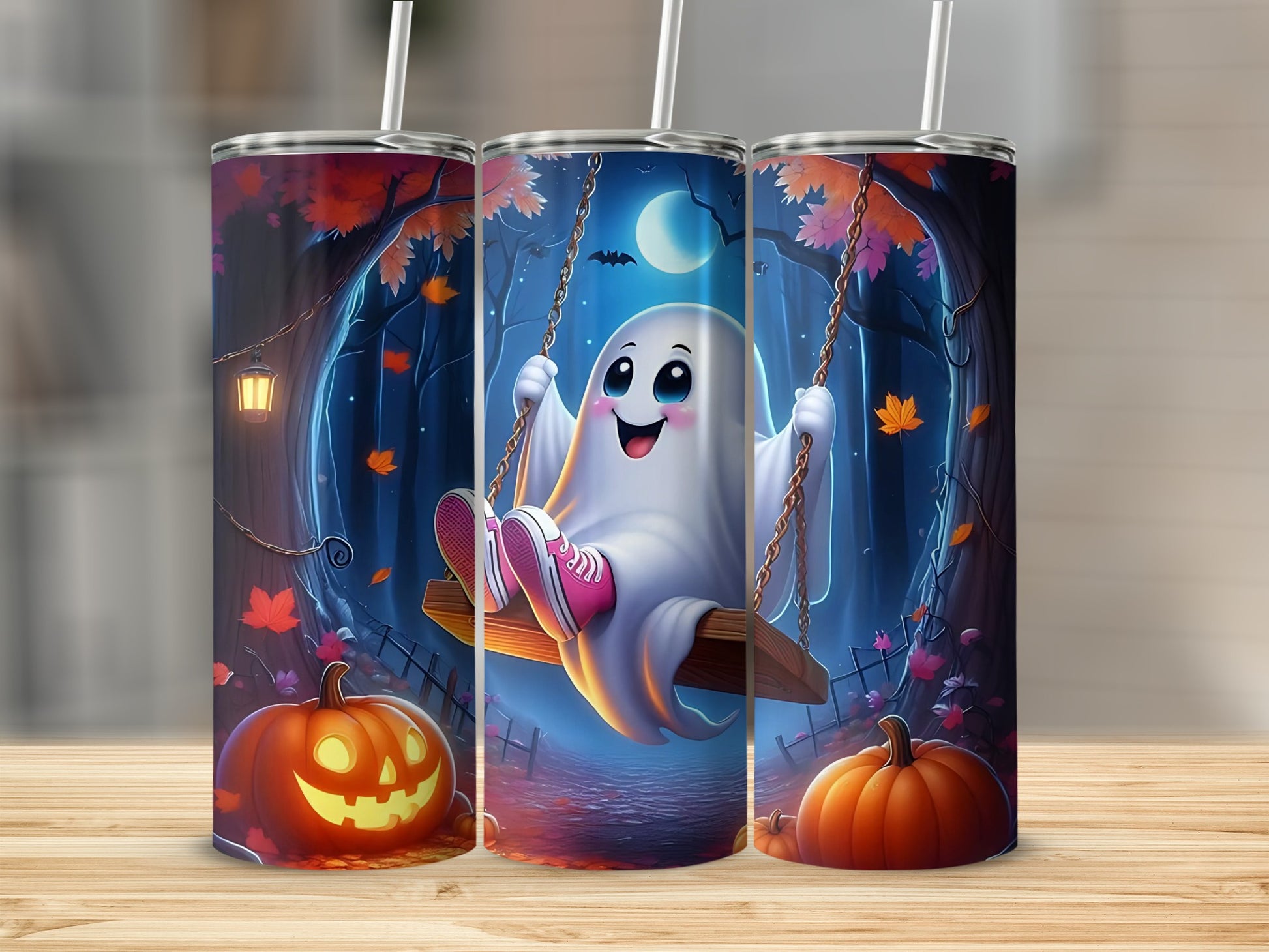 A cartoon ghost with pink shoes on a swing in a moonlit forest with pumpkins.