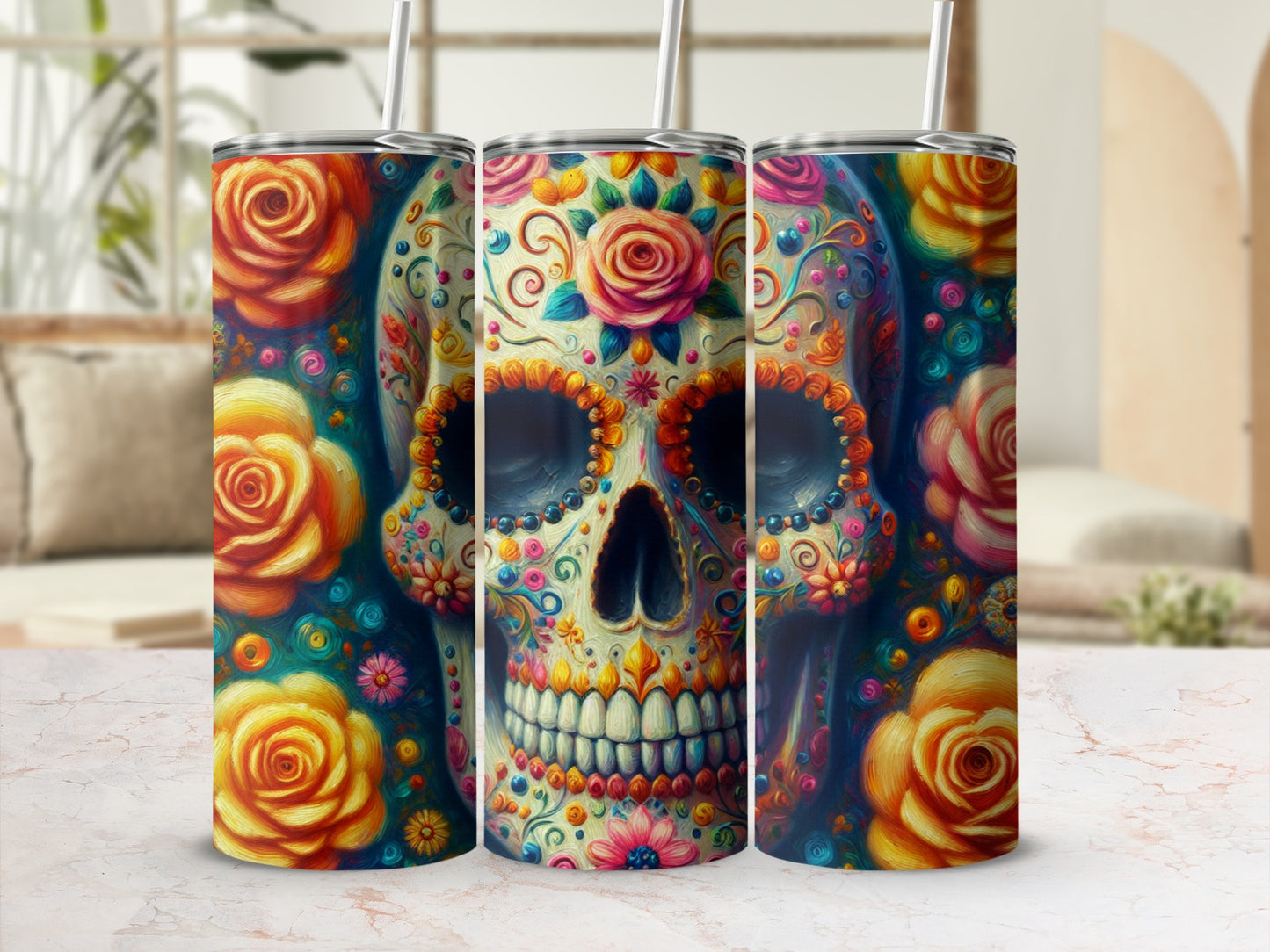 Floral skull tumbler with straws, decorated with colorful roses and ornate details.