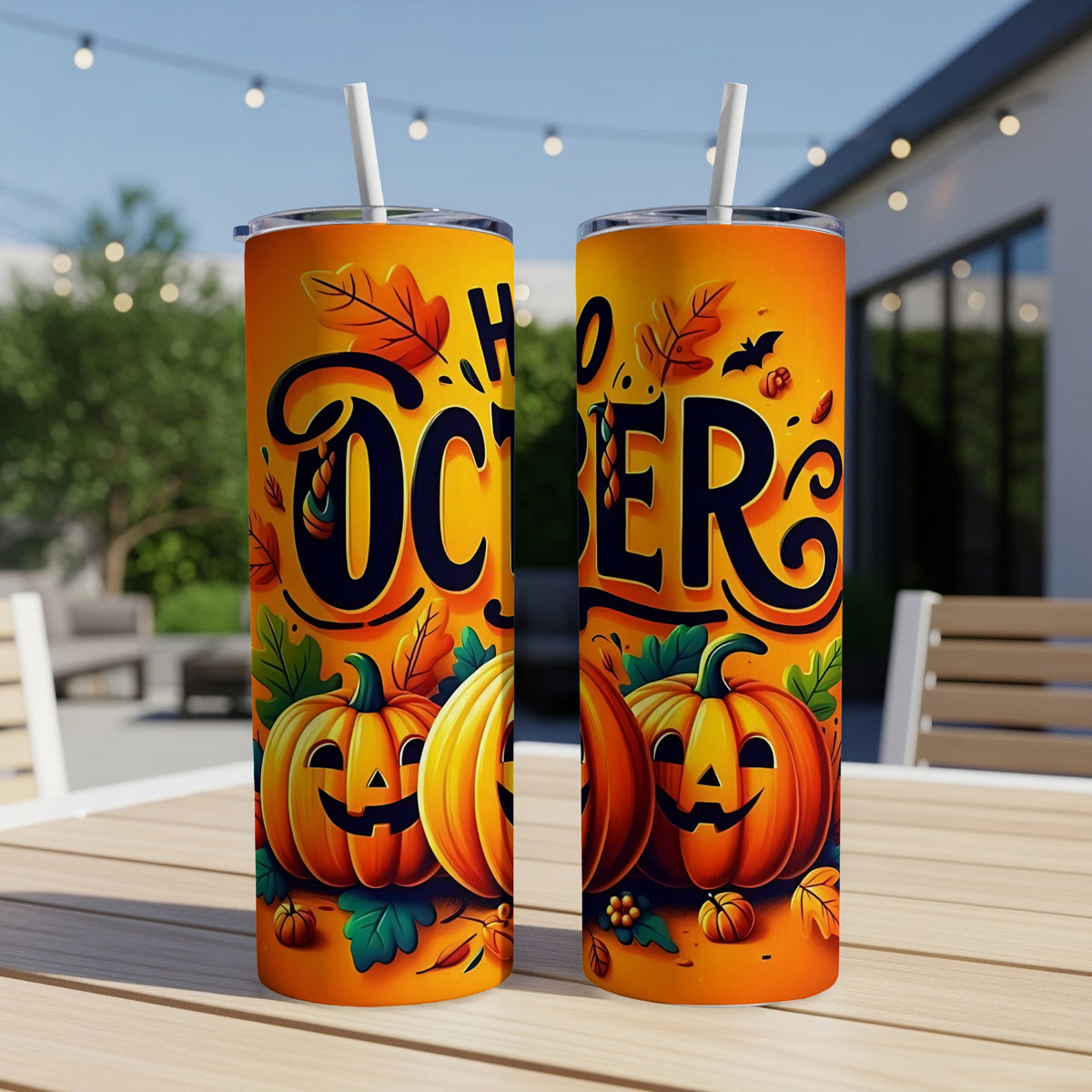 Two tumblers with a "Hello October" design featuring pumpkins and autumn leaves.
