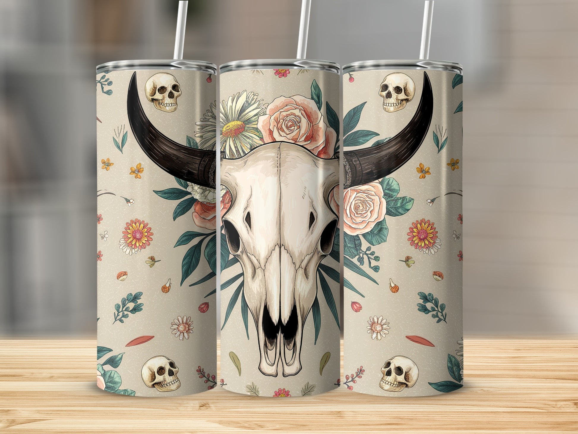 Tapestry-style tumbler with bull skull, flowers, and small skulls.
