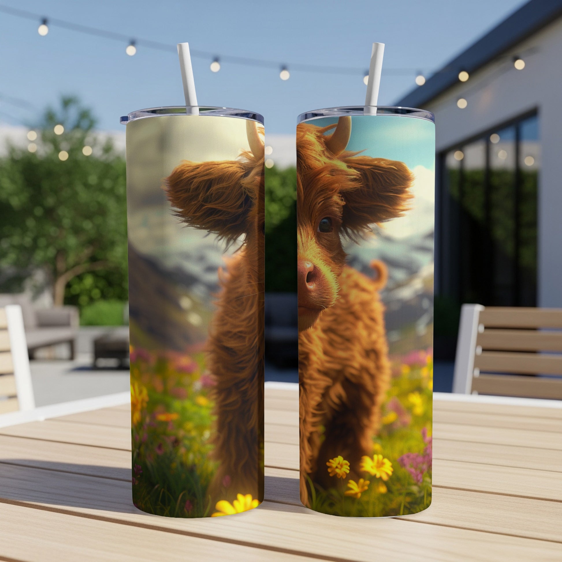 Two Highland cow tumblers on a table with a blurred outdoor background.