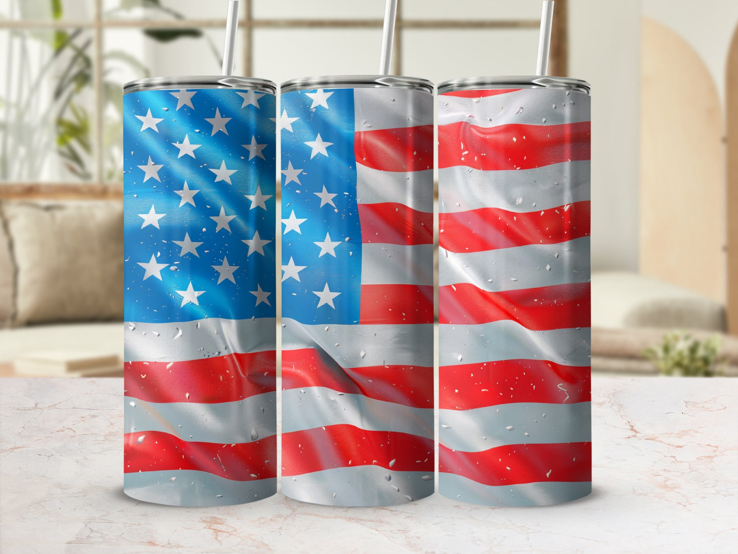 Three tumblers decorated with an American flag pattern.