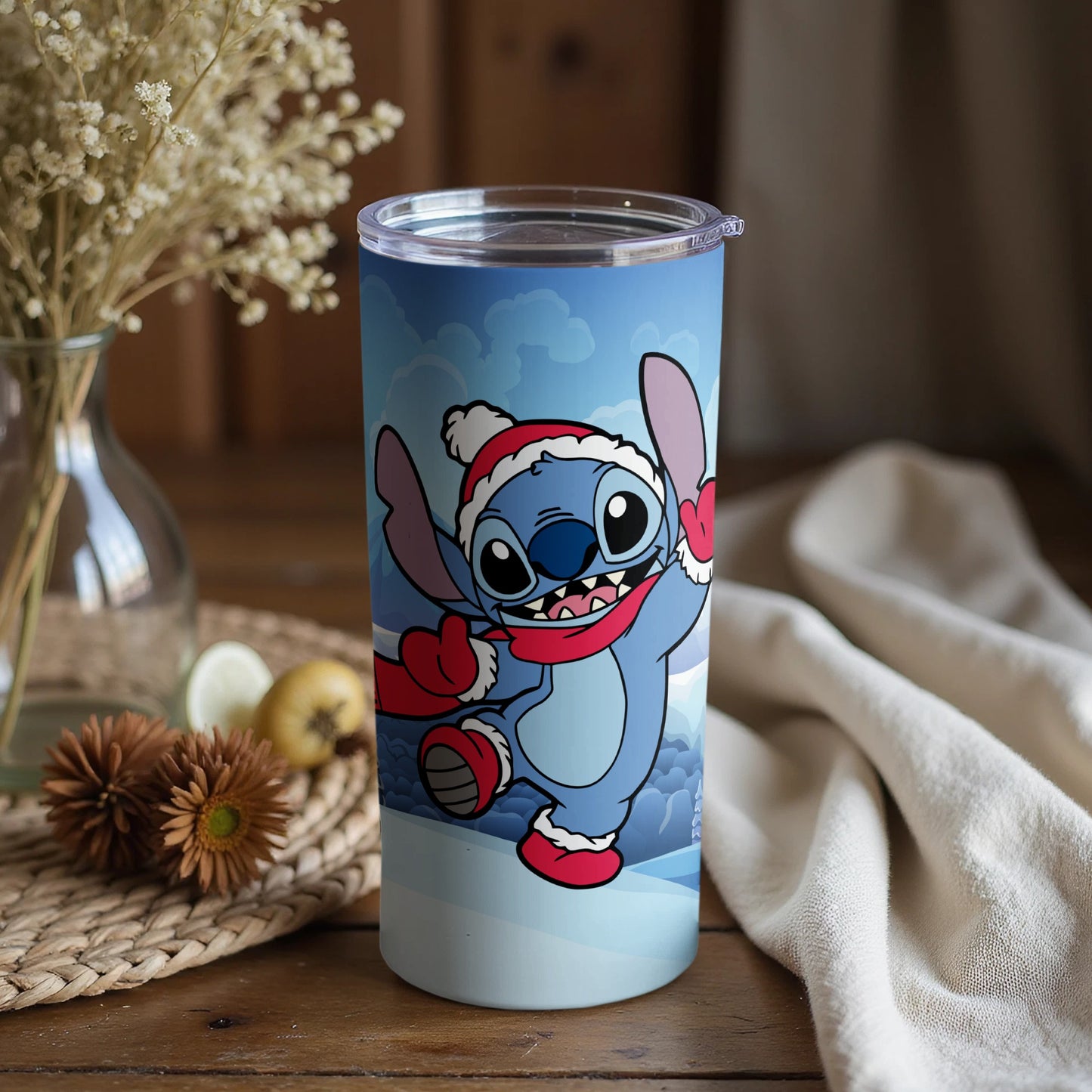 Festive Stitch Tumbler with Winter Background Design