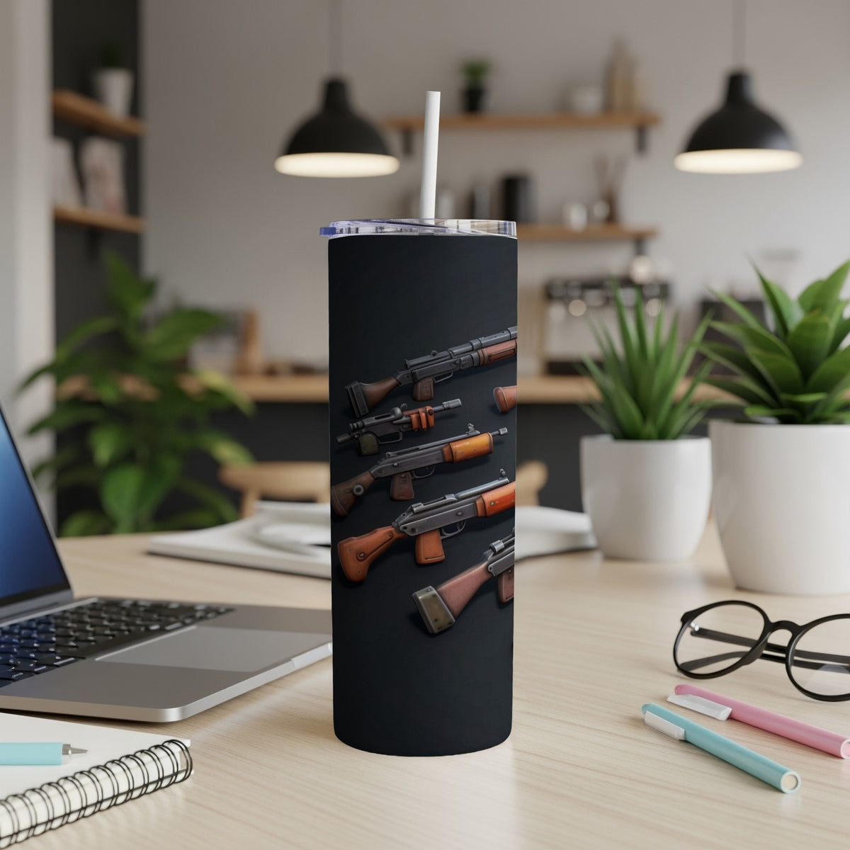 Black tumbler with an illustration of multiple vintage rifles and a white straw.