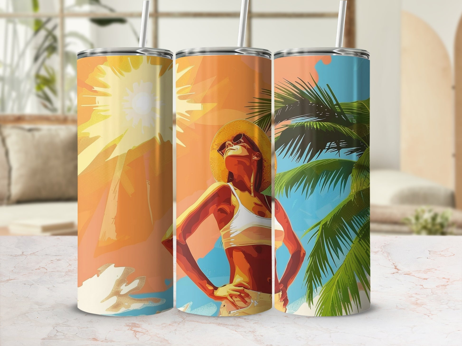 Tropical Sun Worshipper Beach Palm Tree Scene product type
Tumbler, Beach, Summer, Tropical, Palm tree, Sun, Woman, Hat, Sunglasses, Vacation, Island life, Travel, Ocean, Sunny, Hot weather, Holiday, Drinkware, Gift idea, Beach life, Retro summer