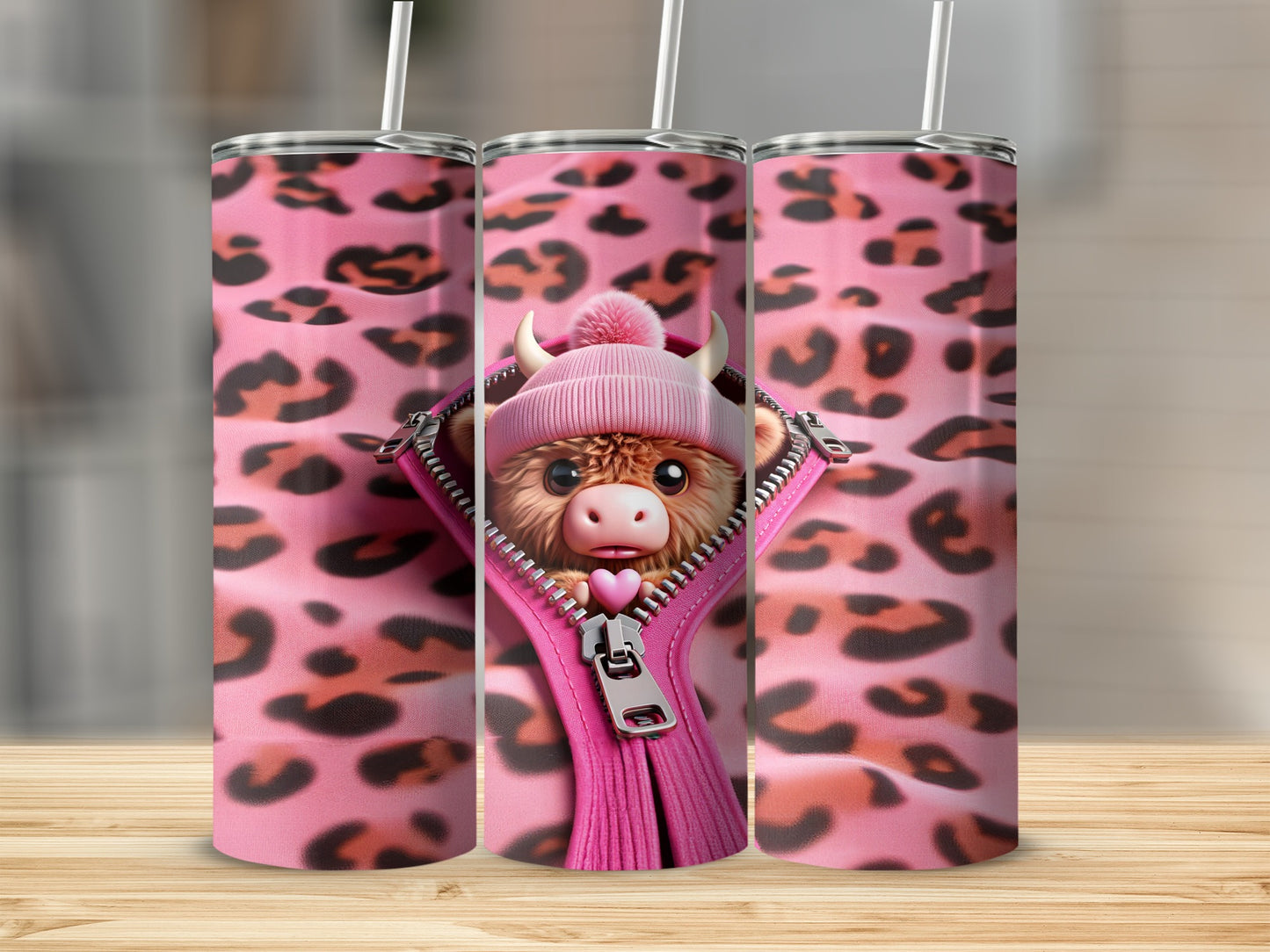 Pink leopard print tumbler with a zipped-up cow wearing a pink hat.