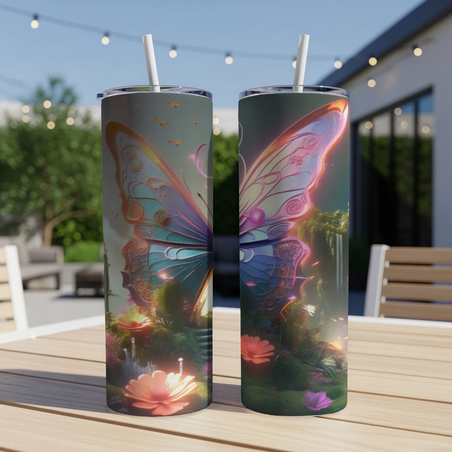 Two tumblers with a glowing butterfly and floral design.