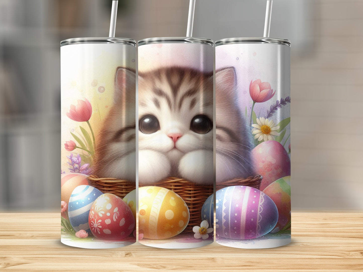 Trio of tumblers featuring a cute cat peeking from a basket of Easter eggs.