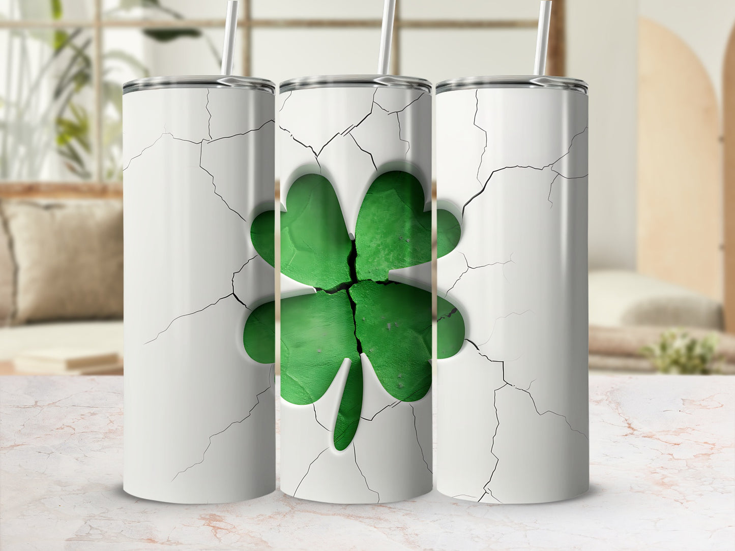 White tumbler with cracked design revealing a green four-leaf clover.