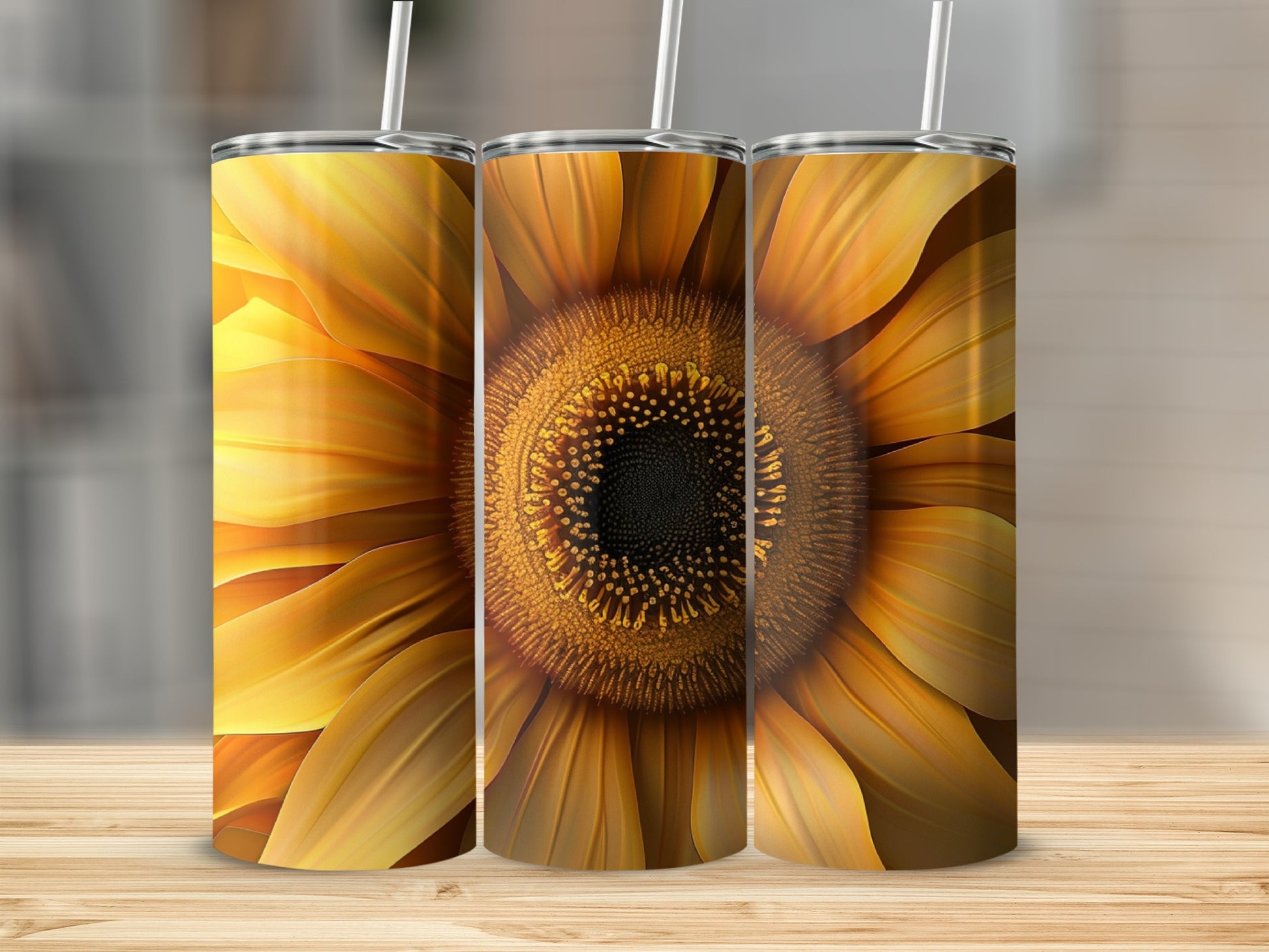 Three tumblers displaying a close-up sunflower design.