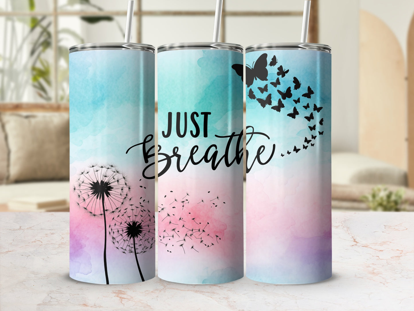 Just Breathe Dandelion and Butterfly Tumbler