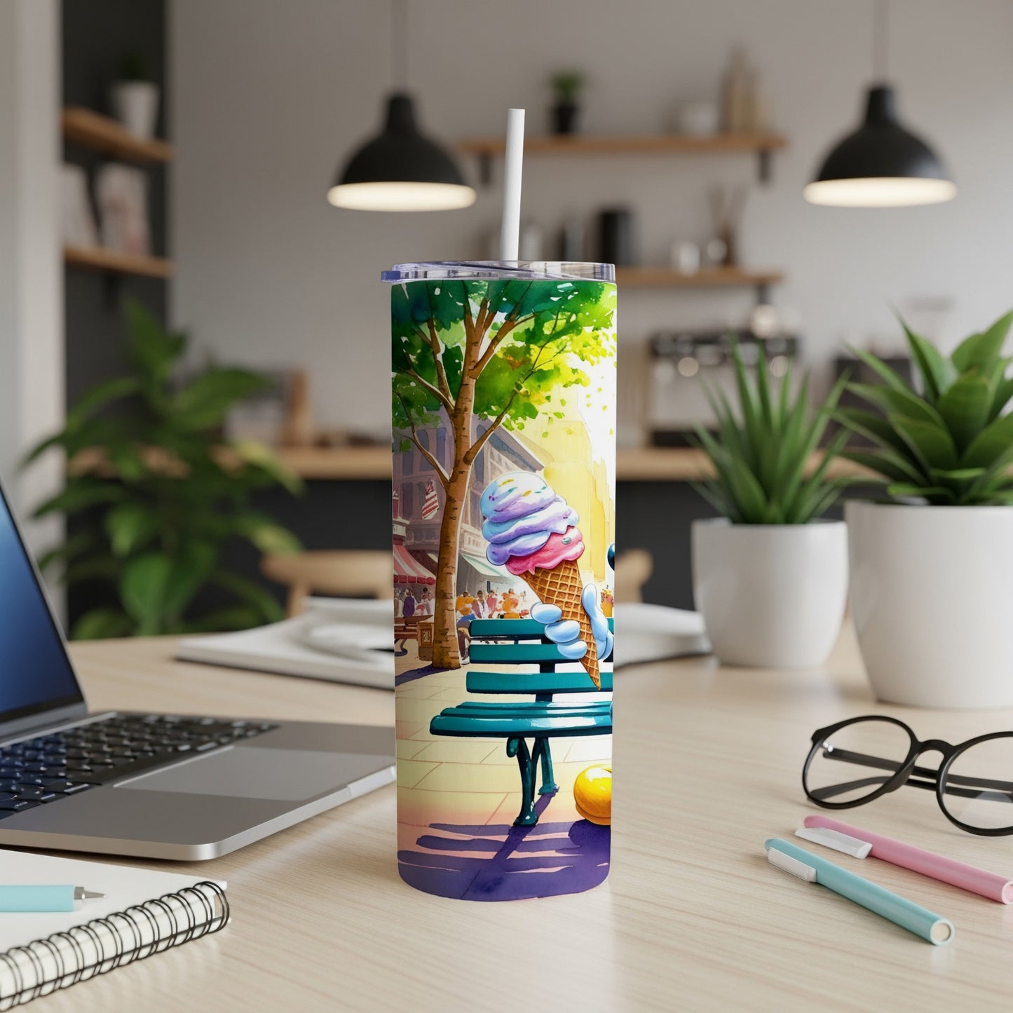 Tumbler featuring a colorful ice cream cone illustration with a park bench.
