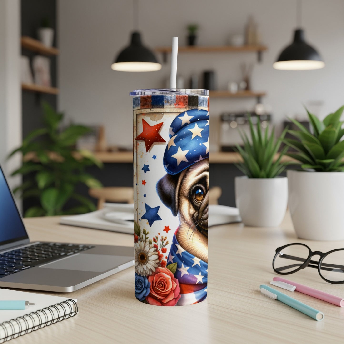 Patriotic pug tumbler with stars and flowers, featuring a white straw.