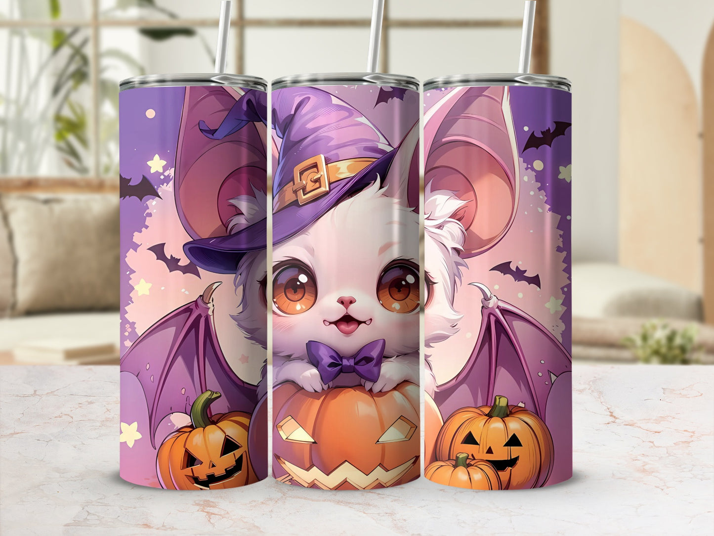 Halloween Bat Cat Witch Design Tumbler Cup for Fall